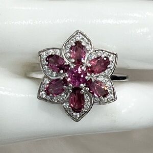 Tanzanian Wine Garnet White Zircon Sterling Silver Floral Ring Sz 8